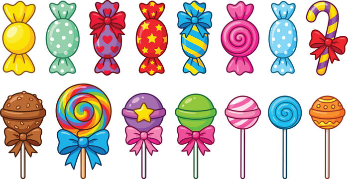 Colorful candy and lollipop sweets collection isolated cute confectionery vector illustration set for kids party design