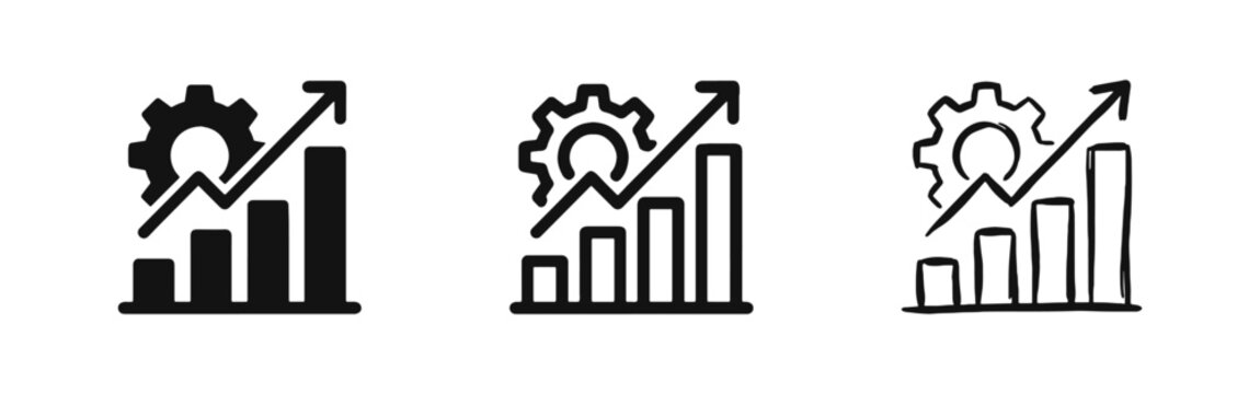 Business Optimization Icon - Growth Bar Chart with Gear and Arrow in Three Design Styles