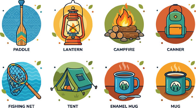 Colorful camping icons set paddle lantern campfire canner fishing net tent enamel mug and mug