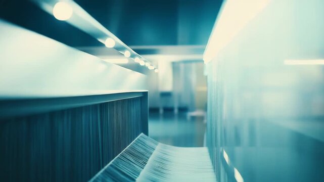 Textile threads stretching across an industrial loom, creating a long sheet of woven fabric in a manufacturing facility, showcasing the modern process of garment production
