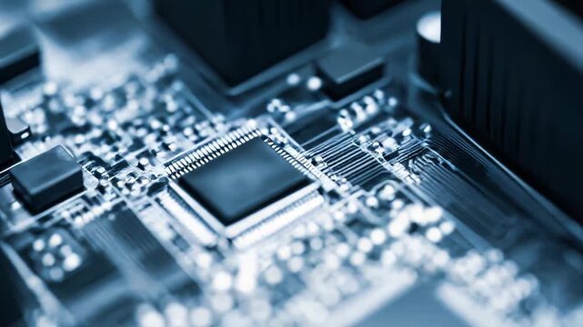 Computer chip on a detailed circuit board, illustrating advanced electronics, semiconductor manufacturing, and the intricate hardware of modern technology components