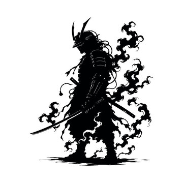 Silhouette of a samurai warrior standing with two katanas surrounded by swirling black smoke or shadows