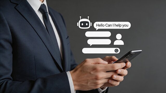 Chatbot artificial intelligence assistant service on smartphone screen, virtual robot helper greeting customer, automated messaging conversation interface, mobile app support