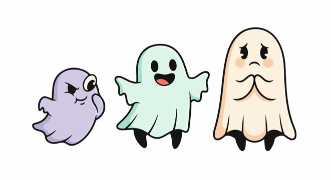 Three cute cartoon ghosts, one mischievous, one cheerful, one shy
