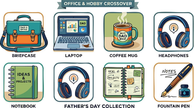 Office and hobby crossover collection with dad themed briefcase laptop coffee mug headphones and fountain pen