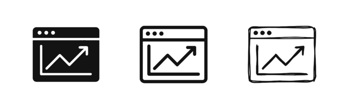 Website Analytics Icon - Browser Window with Growth Chart in Solid, Line, and Sketch Styles