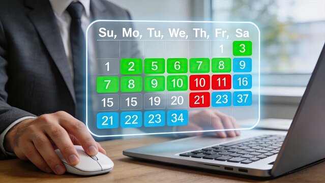 Corporate calendar schedule planning on laptop screen with highlighted dates, time management organizer, appointment booking system, deadline tracking and event coordination tool