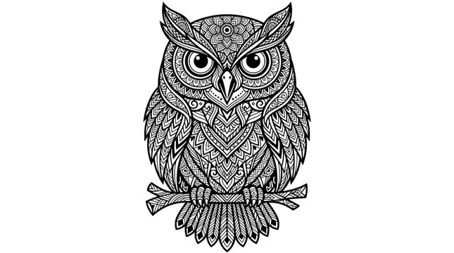 Owl mandala line art emblem with intricate feathers and symmetrical tribal patterns for tattoo, logo, and boho decor