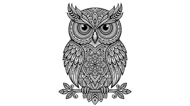 Owl mandala tattoo style line art with symmetrical feathers, engraved pattern wings, and ornamental floral details