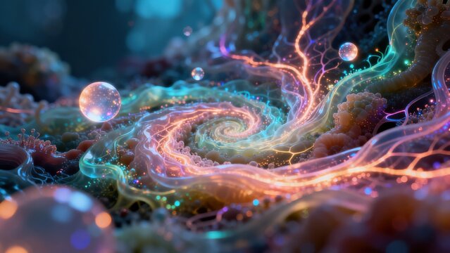 Abstract glowing spiral with bubbles