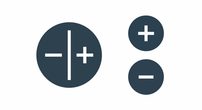 Three dark circles with white plus and minus signs, on white background