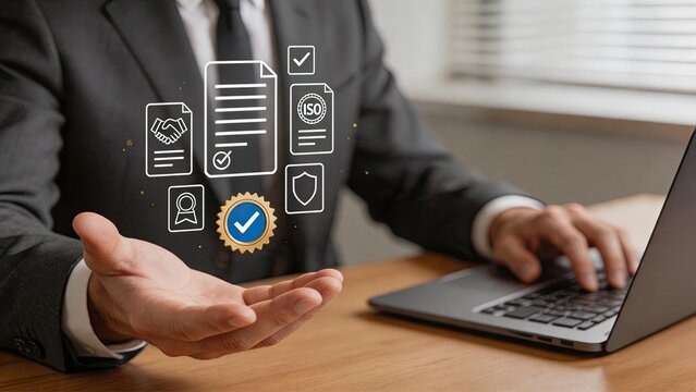 Hand presenting certification icons including ISO standard badge, contract agreement document, compliance checklist, legal shield protection, business license verification,