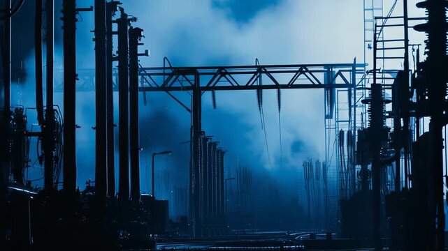 Industrial substation features towering electrical structures and interconnected power lines, generating electricity within a dark blue, smoky atmosphere