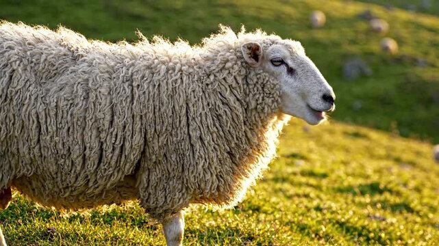 Beautiful White Domestic Sheep Standing On A Sunny Green Hillside In Golden Hour Light With Soft Focus Background