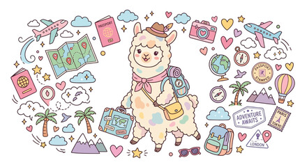 Fototapeta premium Cute Alpaca Traveler Character with Travel Doodles Vector Art