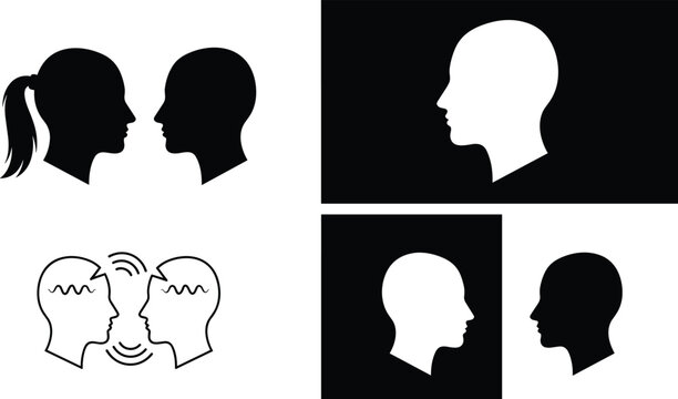 Set of human head silhouettes concept of psychology communication telepathy empathy social connection and thinking isolated on white background