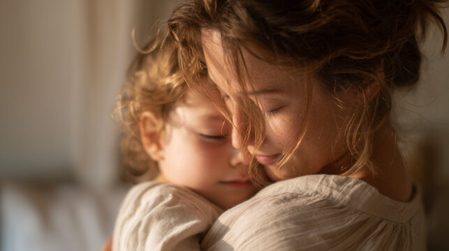 Heartfelt embrace between a mother and her sleeping child in warm golden sunlight, cinematic lighting, symbolizing a deep bond, protection, and unconditional love.