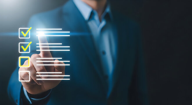 Businessman interacting with digital checklist interface