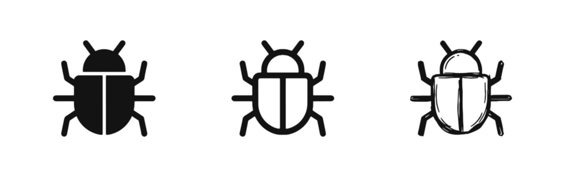 Beetle bug icon set in three styles representing software bugs or nature and environment