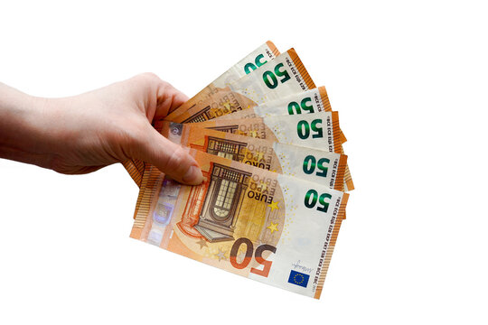 Close-up of a human hand holding a fan of fifty euro banknotes, isolated on a clean transparent background PNG with alpha layer for design