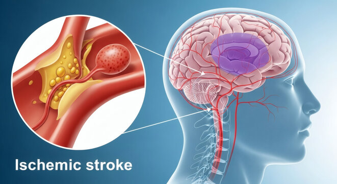 Medical illustration of ischemic stroke with blood clot in brain