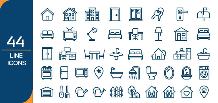 Line icon set 44 essential home and furniture icons for designers
