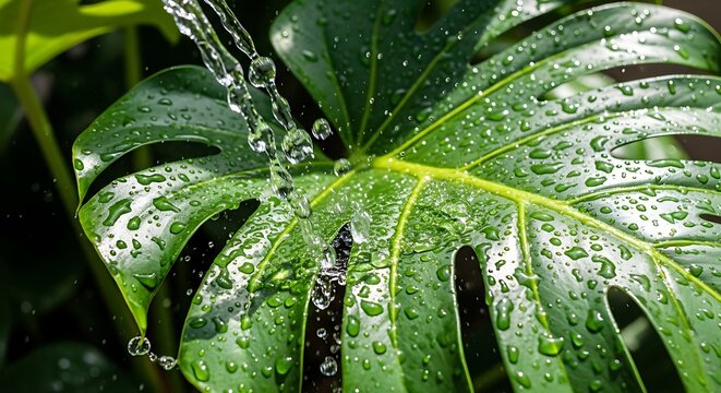 Water droplets falling on large green tropical leaf with natural light