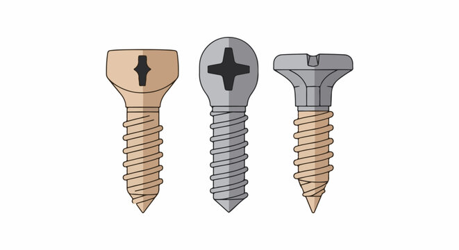 Three distinct screw fasteners with threaded shafts and varied head designs