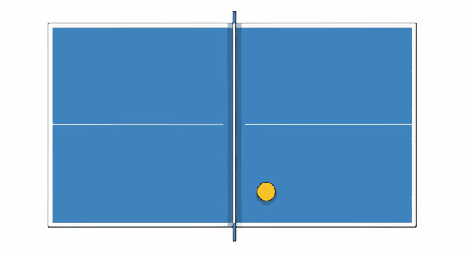 Top-down view of a blue ping pong table with a yellow ball at the net