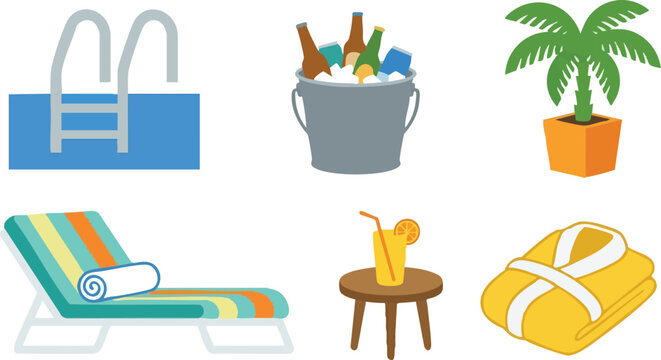 Colorful striped lounger with towel and pool ladder with drinks bucket palm and robe vector art