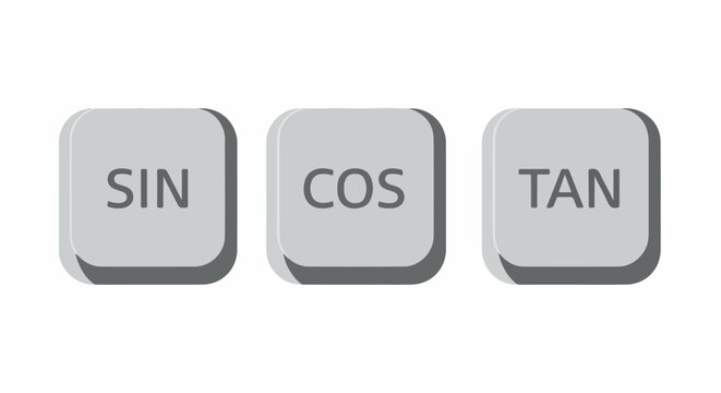 Three gray buttons with trigonometric functions SIN, COS, and TAN on a white background