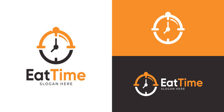 Creative simple eat time logo template. Abstract close serving with clock watch symbol logo design vector illustration.