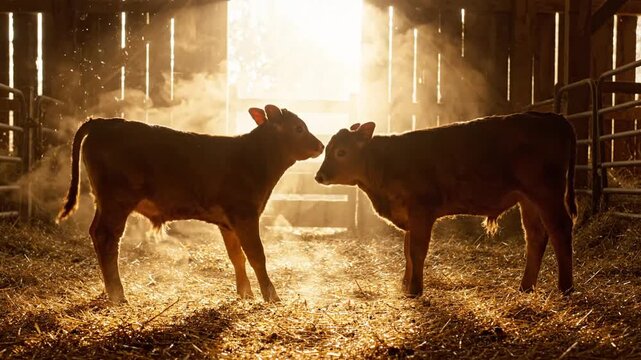 Two Brown Calves Interact in Golden Sunlight Inside a Dusty Wooden Barn on a Farm