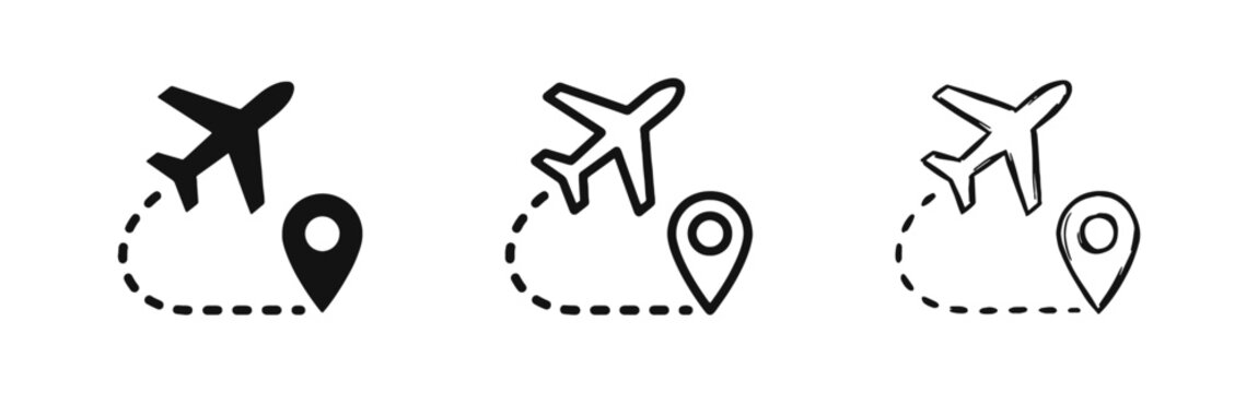 Travel Route and Flight Destination Icon Set with Airplane and Map Pin Location