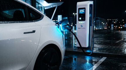 Fototapeta premium Electric car charging at night with illuminated station in urban setting