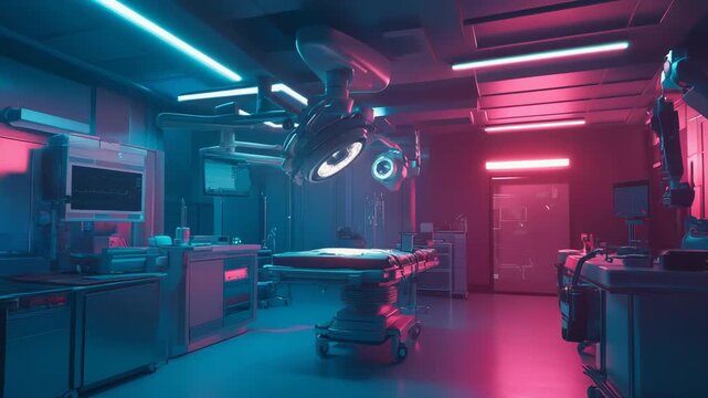 Brightly lit high tech operating room with robotic surgical arms, digital monitors showing vitals, sterile patient table and neon accented lights signaling medical innovation