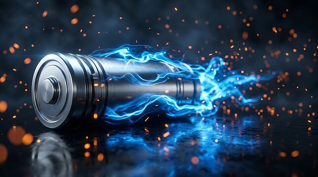 Baterai Tenaga Listrik Biru dengan Percikan Api Oranye, Energi Potensial Masa Depan yang Kuat