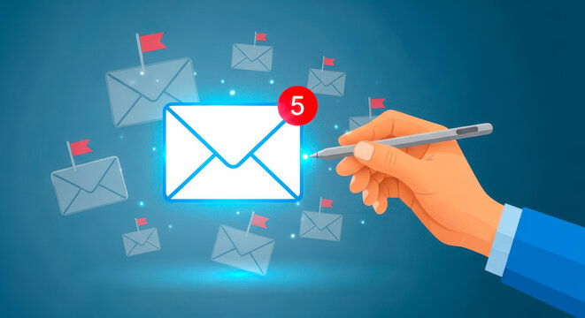 Hand holding pen with unread emails and notification