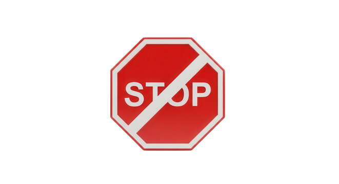 Red octagonal traffic sign with white border and white text reading stop, crossed by a diagonal white line, isolated on a black background