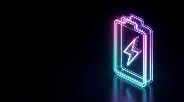 Ikon Baterai Energi Neon Berkilau dengan Simbol Petir dalam Desain 3D Minimalis Modern