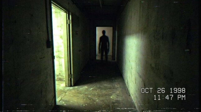 Eerie Hallway with Shadowy Figure, Vintage VHS Horror Footage
