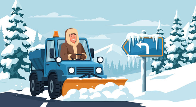 Man driving blue snowplow truck.