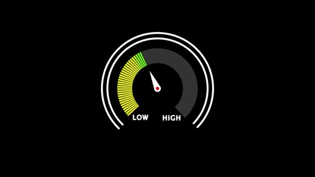 Glowing digital gauges move from high overload to safe low levels, presentation template, moving colorful needle, indicator, warning, risk assessment icon from 100 to 0. tension indicator icon.