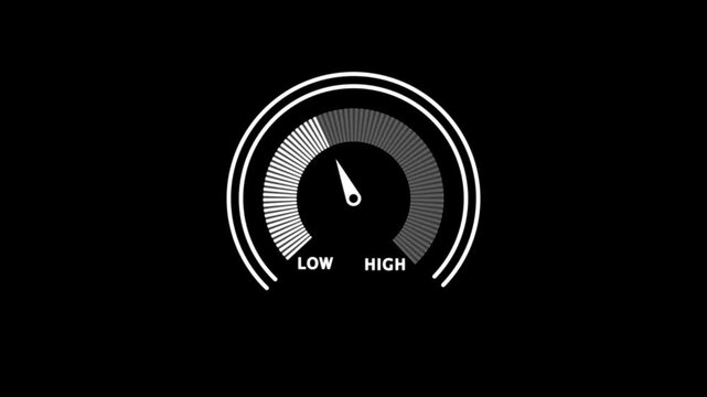 Glowing digital gauges move from high overload to safe low levels, presentation template, moving colorful needle, indicator, warning, risk assessment icon from 100 to 0. tension indicator icon.