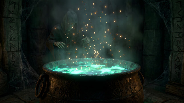 Mysterious alchemist brews a glowing potion in a dimly lit chamber with mystical energy radiating upwards