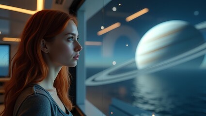 Naklejka premium Woman looking outside from spaceship