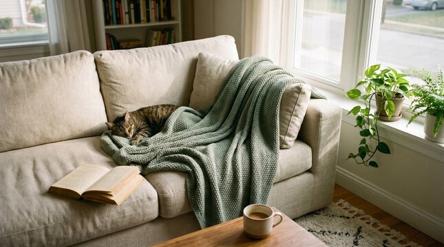 Weighted blanket on a cozy sofa in a bright living room with soft morning light, concept of mental health, anxiety relief, and comfort at home.