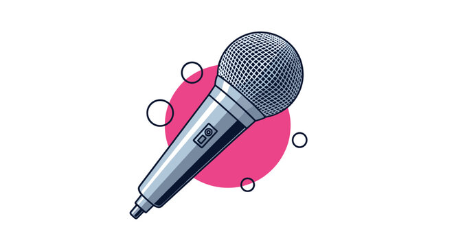 Silver vocal microphone with a bright pink circular background and scattered bubbles, ideal for music, karaoke, and podcast themes.