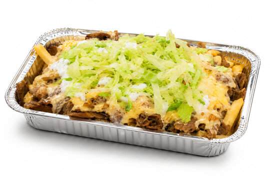 Dutch kapsalon with doner kebab fries in aluminum takeaway tray isolated on white