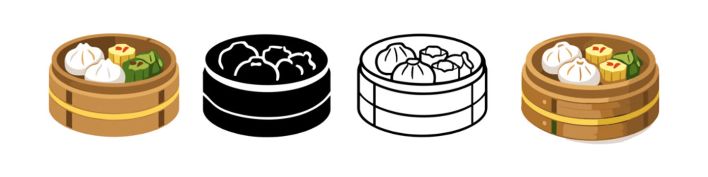 Colorful dumplings in a bamboo steamer with various designs
